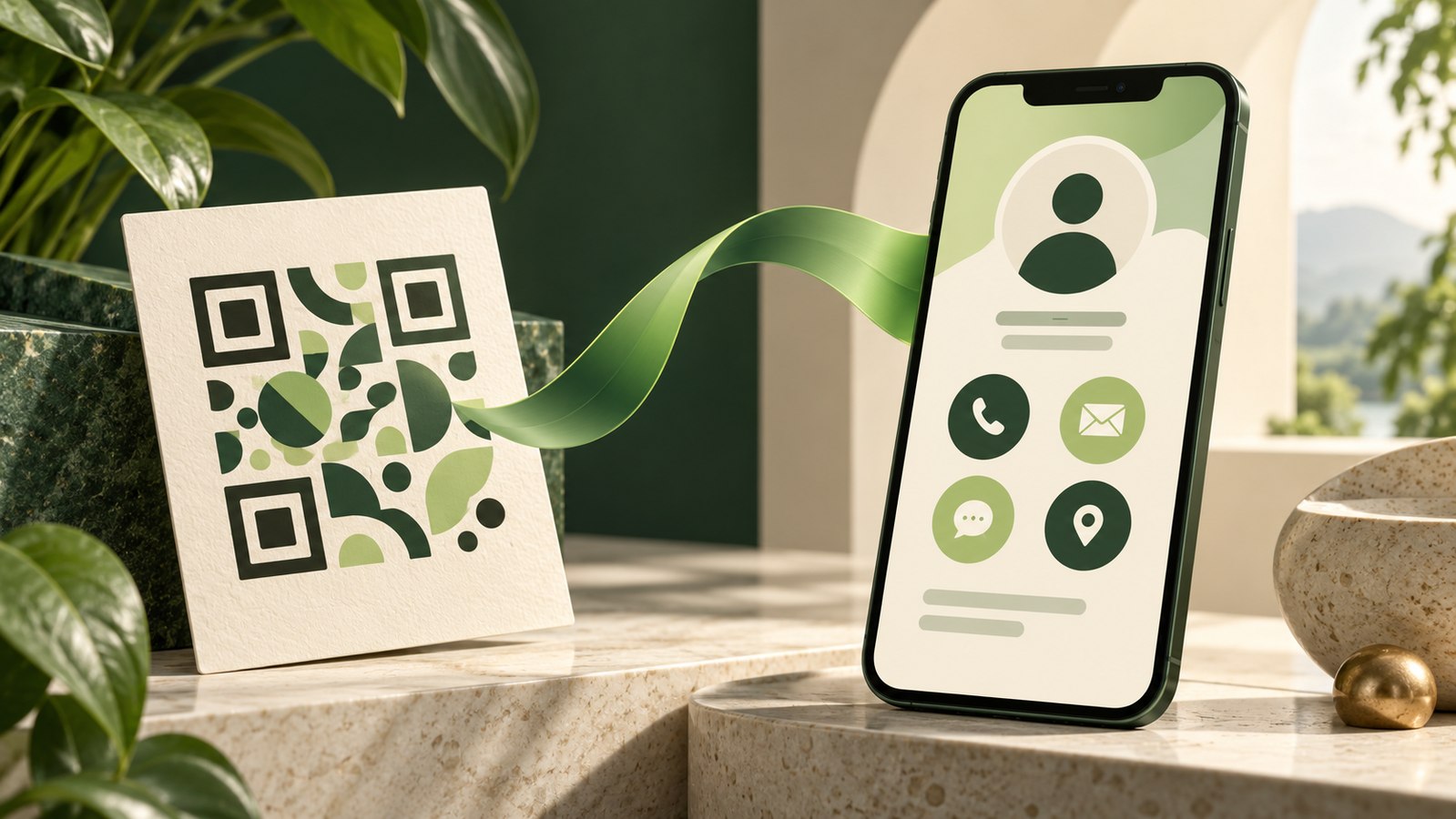 Illustrated code card connected to a smartphone contact page by a green ribbon