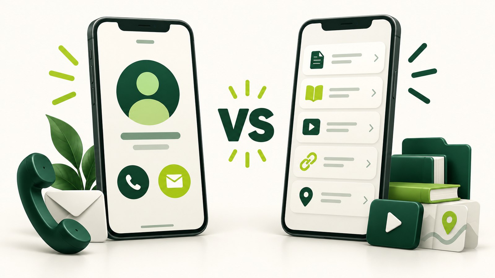 Illustrated comparison of a contact-focused phone screen and a page of resource links