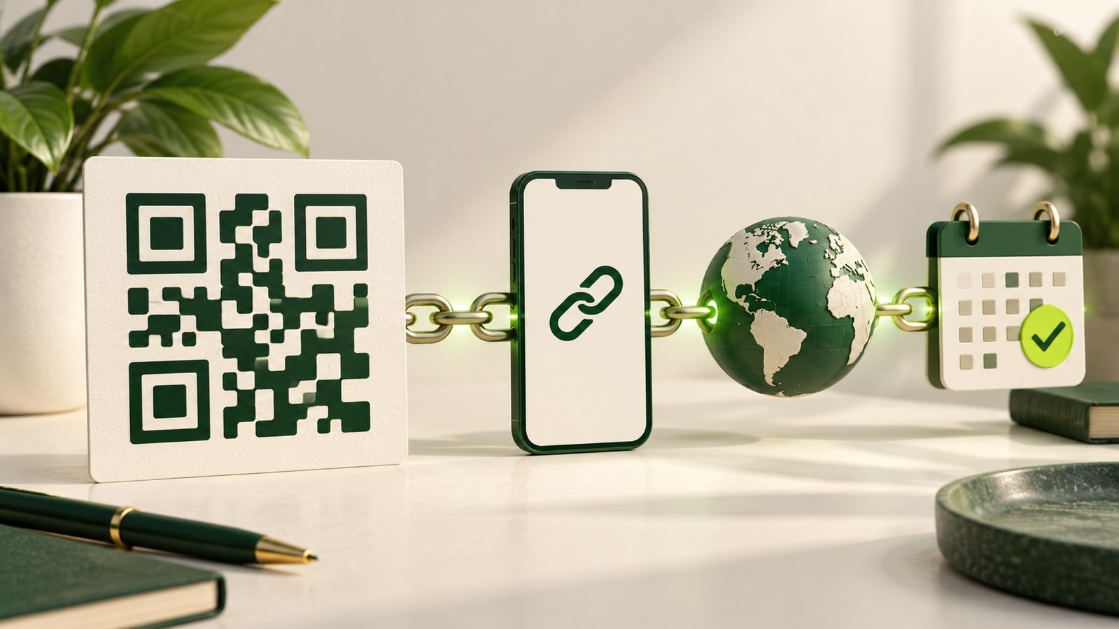 Illustrated printed code linked to a phone, globe and calendar