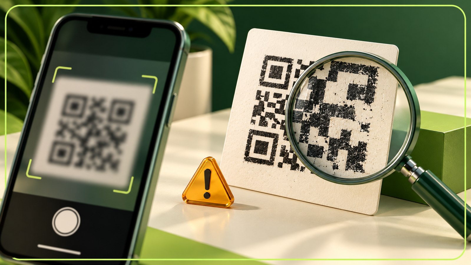 Illustrated phone camera and magnifying glass examining damaged code artwork