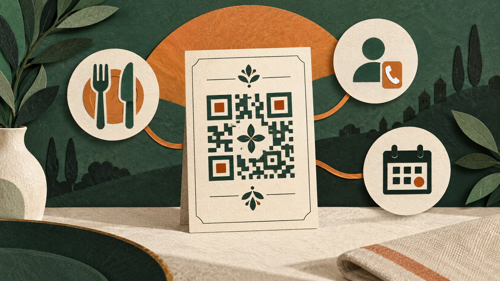 Editorial illustration of a printed QR card with simple icons for a menu, contact and event destination.