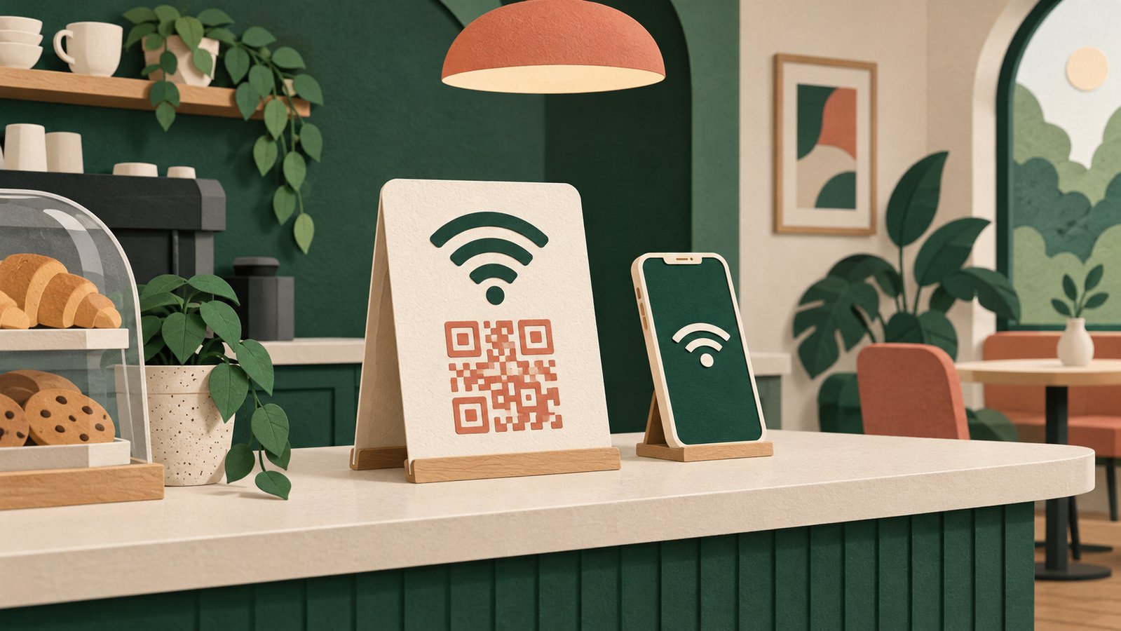 Editorial illustration of a fictional cafe counter with a wireless signal icon, decorative QR sign and nearby phone.