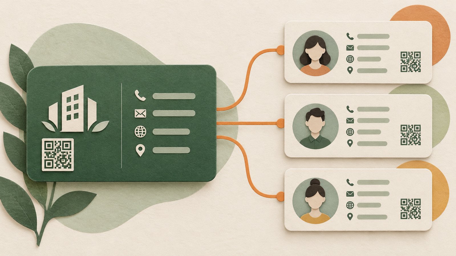 Editorial illustration of a company contact card beside several individual staff contact cards.