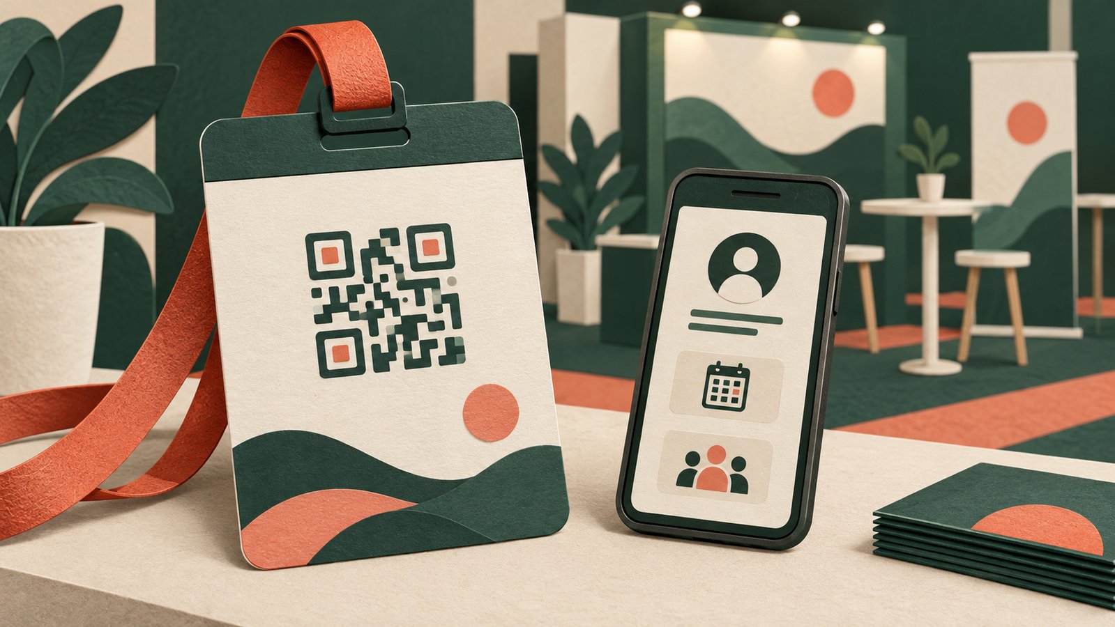 Editorial illustration of a fictional event badge and phone showing contact and schedule icons.