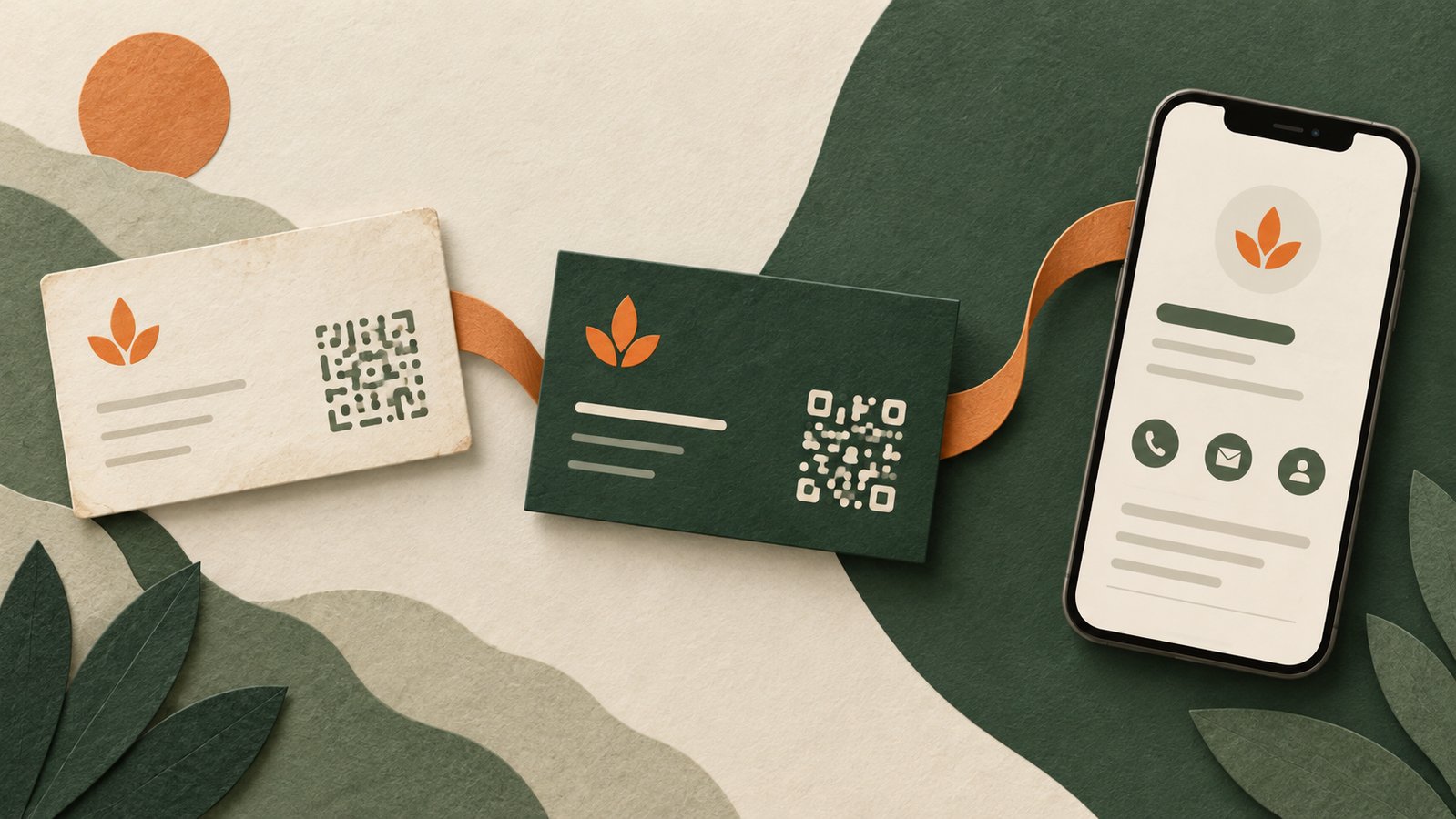 Editorial illustration of an older ivory business card and a refreshed green card connected to one recognizable contact page.