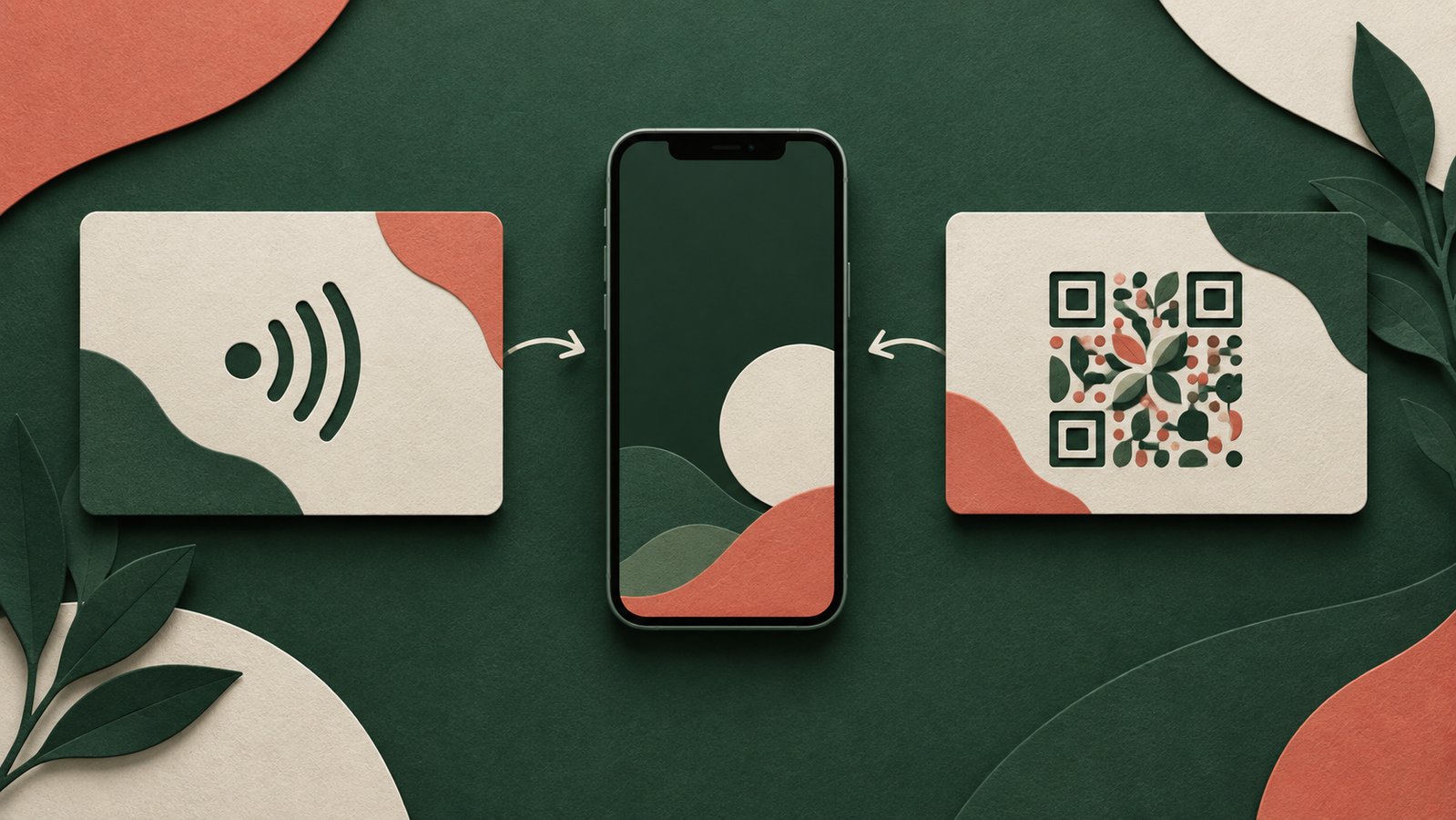 Editorial illustration of a fictional NFC tap card beside a QR card and smartphone.
