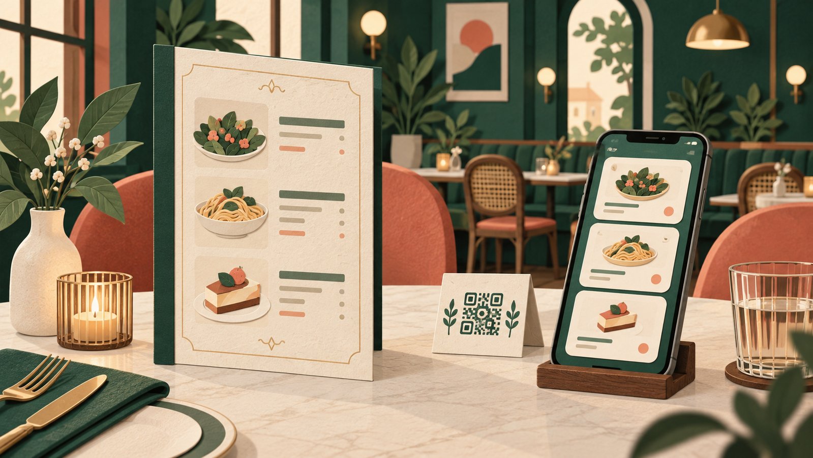 Editorial illustration of a fictional cafe table with a paper menu and a phone displaying abstract menu cards.