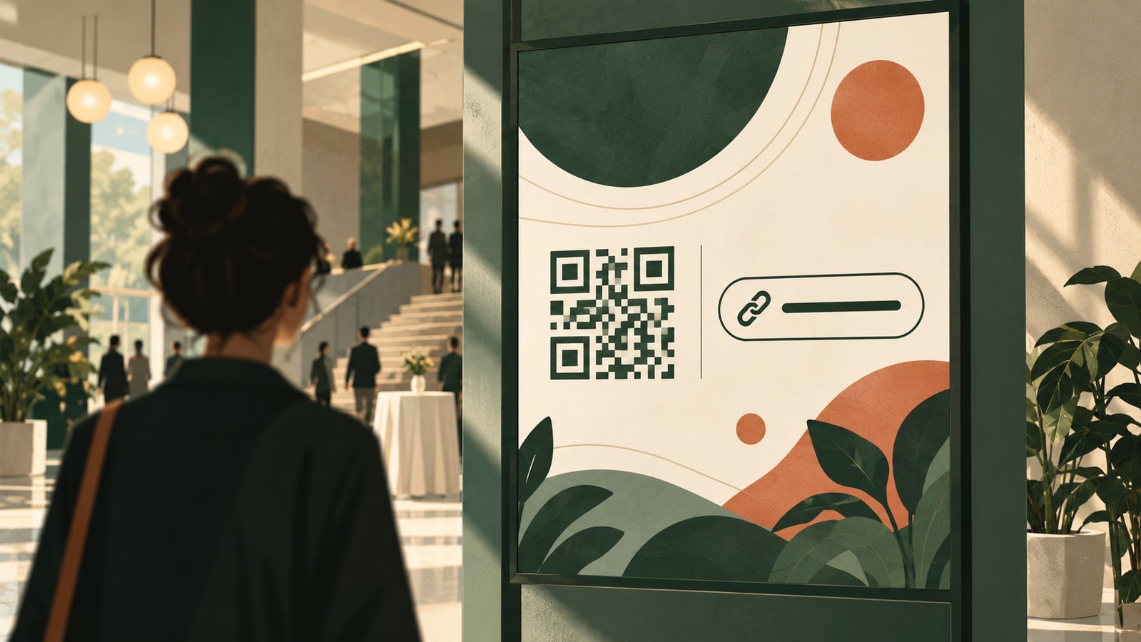 Editorial illustration of a fictional event poster with a decorative QR pattern and short-link icon.