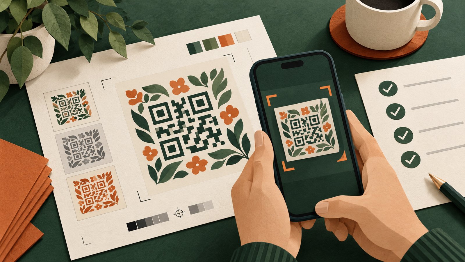 Editorial illustration of a print proof sheet, phone and approval checklist beside a decorative QR card.