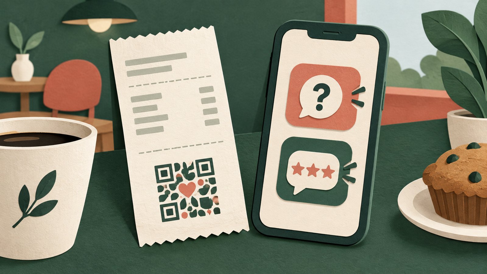 Editorial illustration of a fictional paper receipt beside a phone with help and feedback icons.