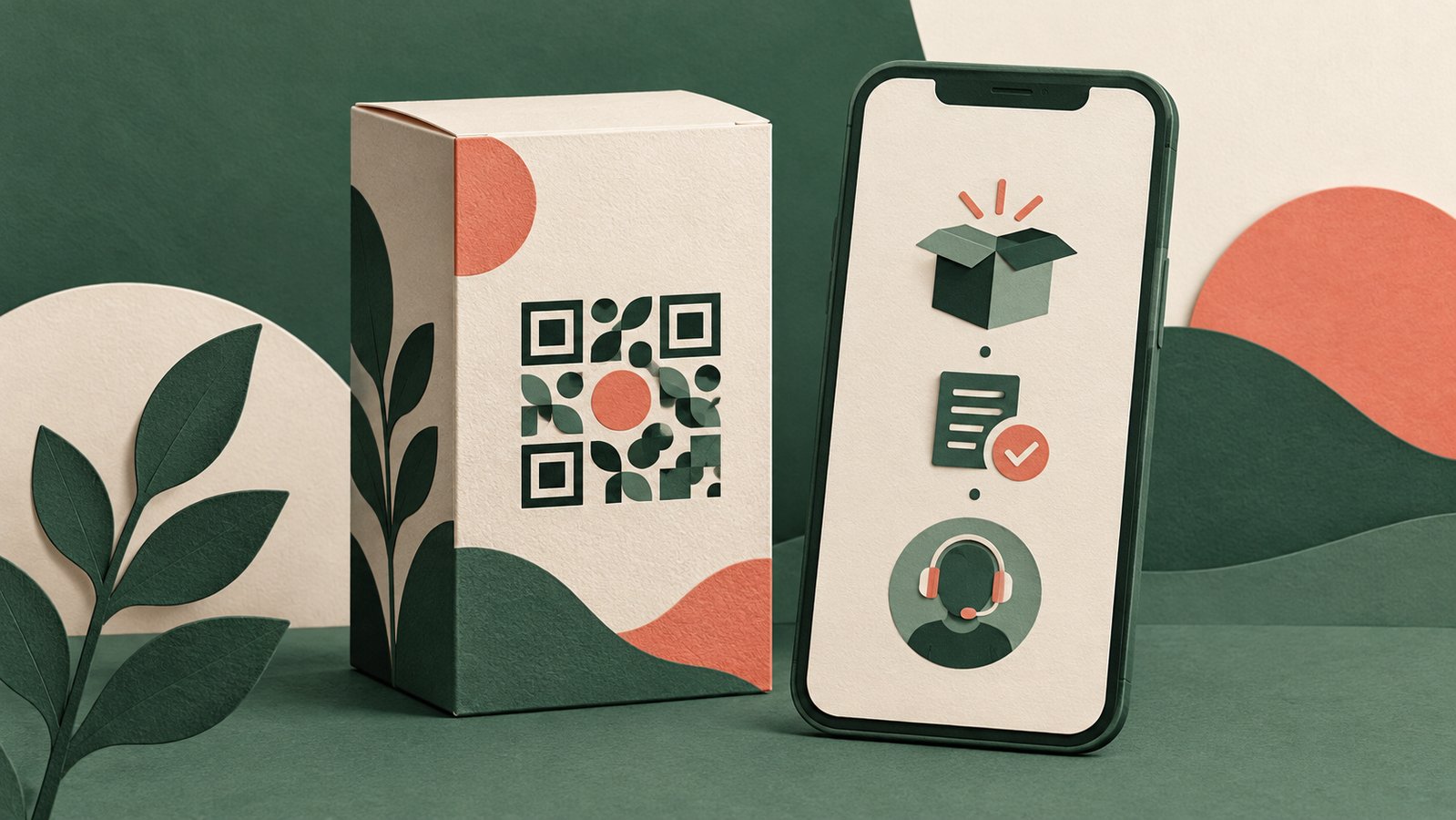 Editorial illustration of a fictional product package with a decorative QR pattern and phone showing setup and support icons.