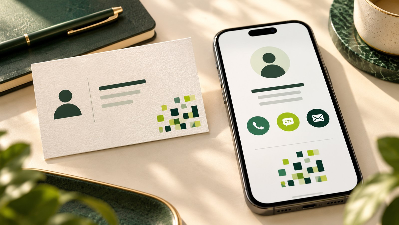 Illustrated paper business card beside a smartphone with call, message and email buttons