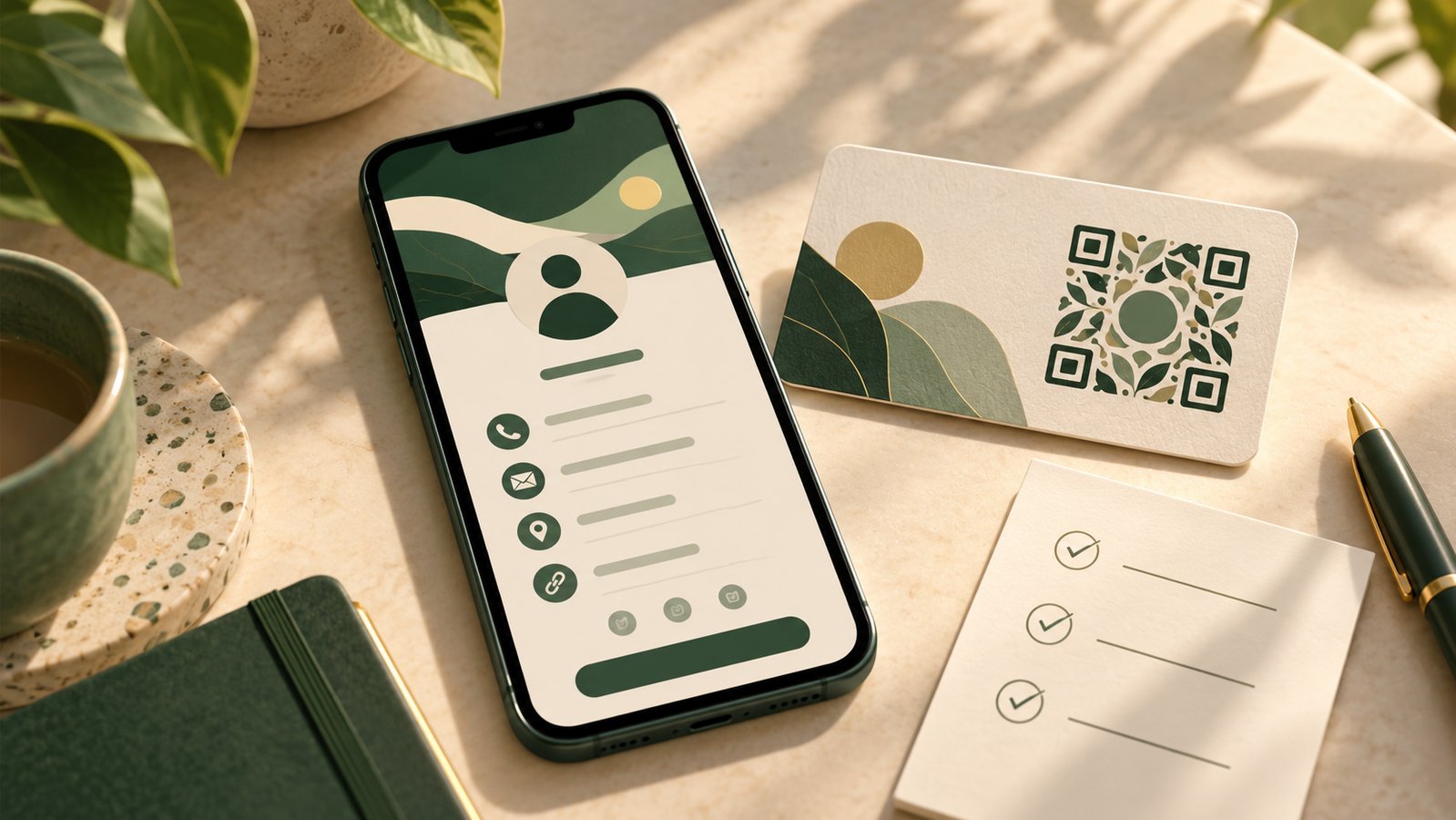 Editorial illustration of a fictional digital business card on a phone beside a printed contact card and checklist.